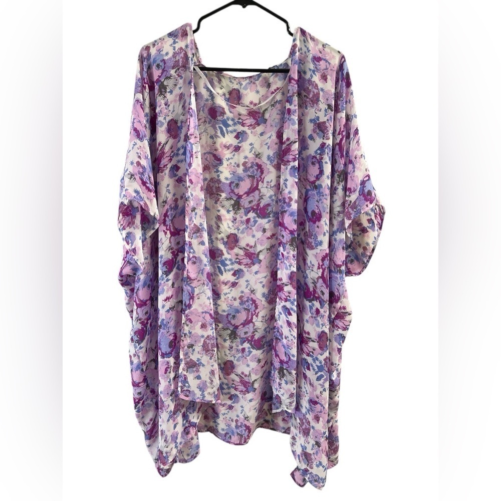Purple floral short sleeve pool bikini cover up kimono